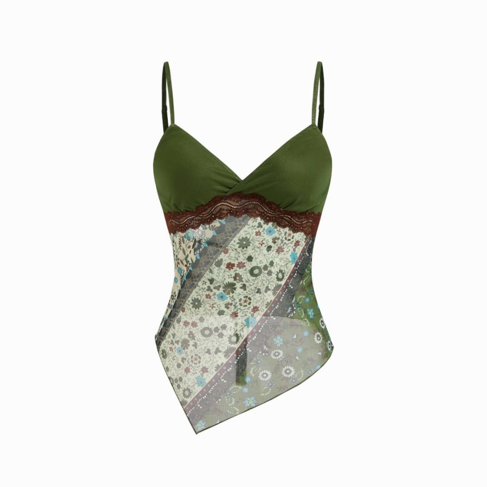 Cider Olive Green Asymmetrical Sheer Mesh Tie-Back Top Large - Picture 2 of 4